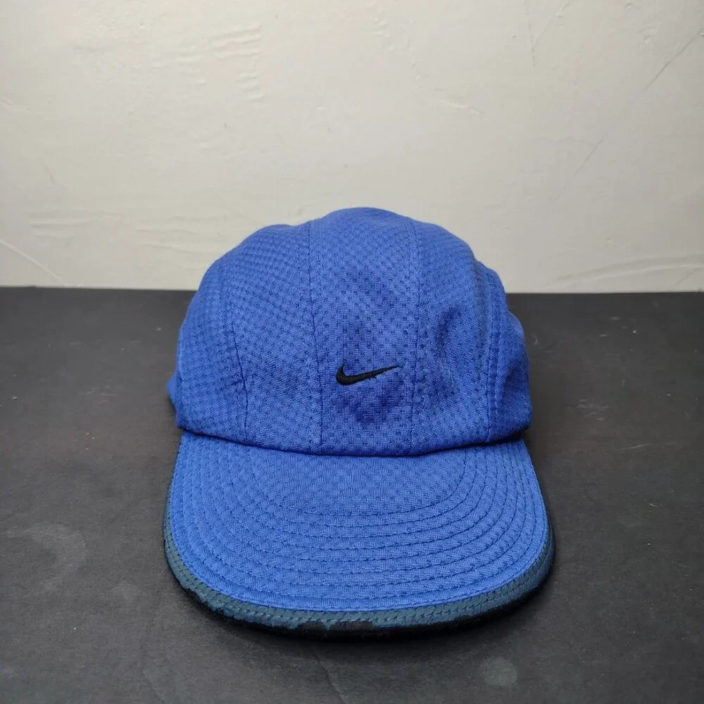 VINTAGE Nike Hat Cap Blue Black Tailwind 7 Panel Mesh Mini Swoosh Running - Picture 1 of 16